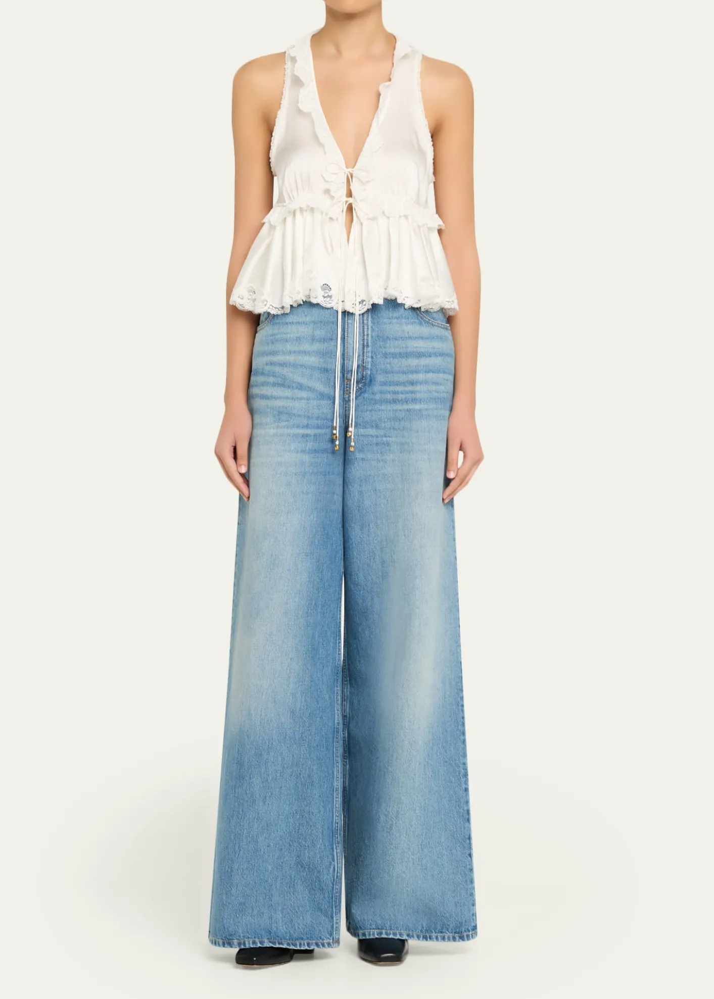 ChloeRuffle V-Neck Sleeveless Silk Top