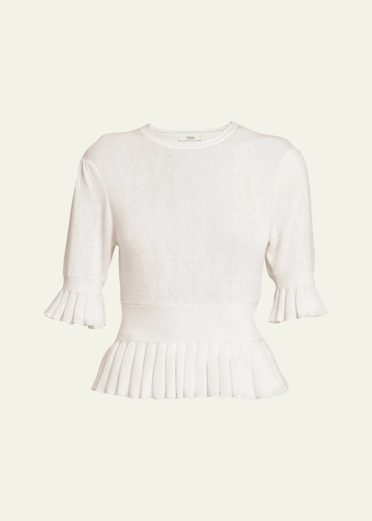 ChloeShort-Sleeve Pointelle Kit Ruffle Crewneck Sweater