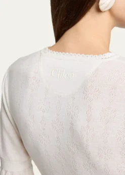 ChloeShort-Sleeve Pointelle Kit Ruffle Crewneck Sweater