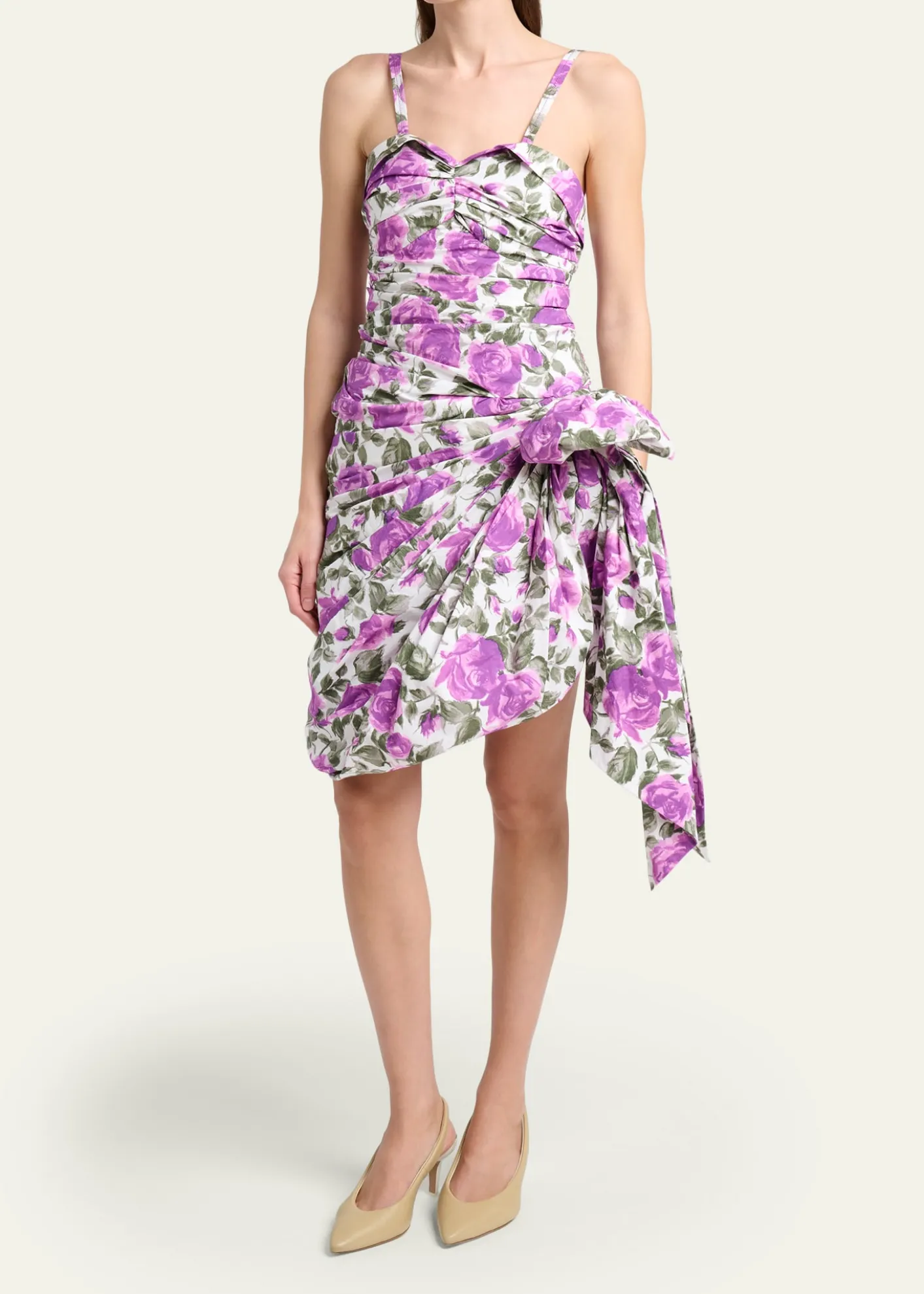 ChloeSleeveless Ruched Floral Cotton Bow Dress