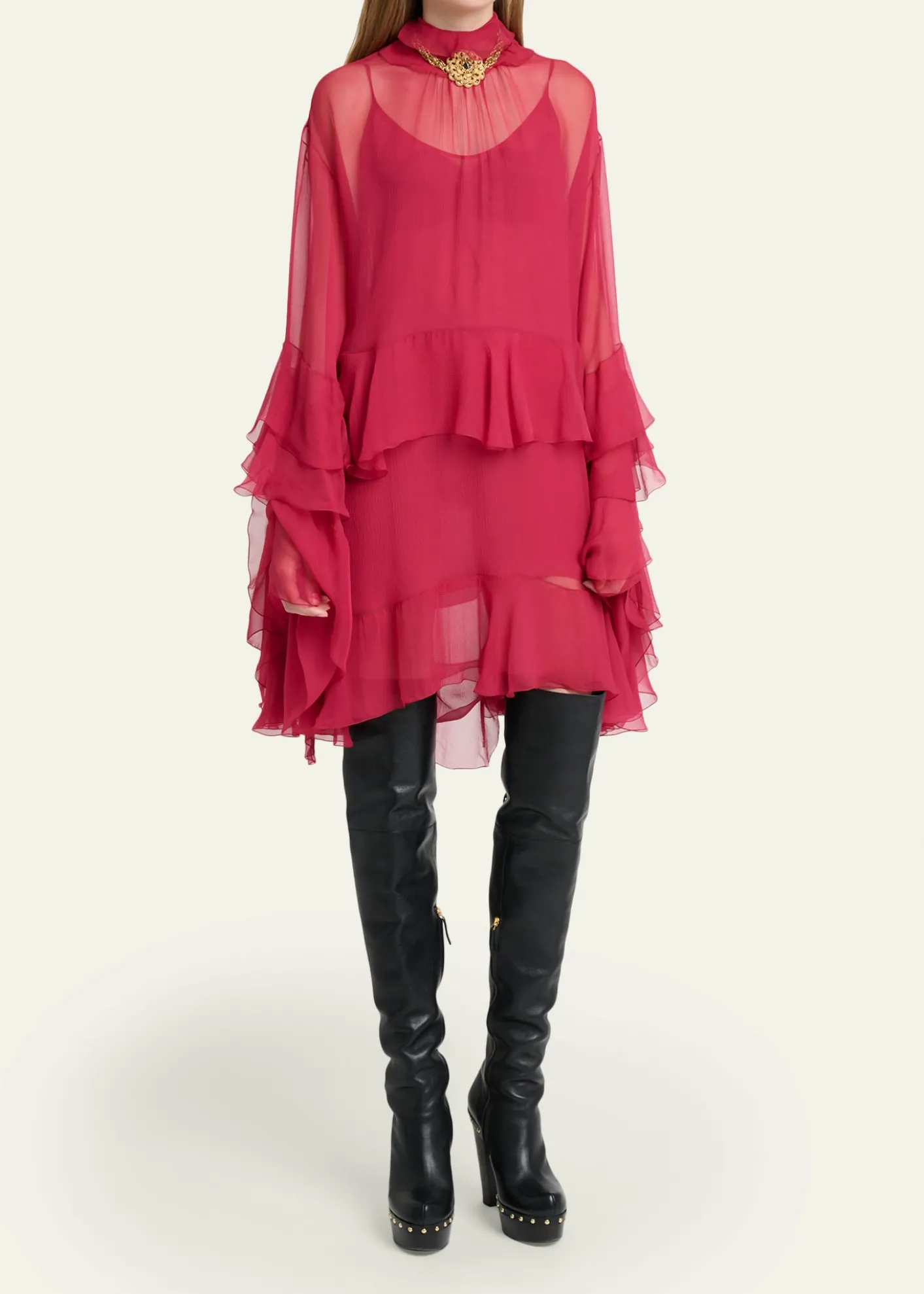 ChloeTiered Ruffle Silk Mousseline Long-Sleeve Mini Dress