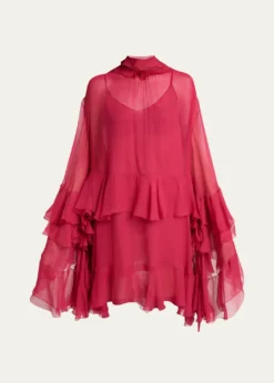 ChloeTiered Ruffle Silk Mousseline Long-Sleeve Mini Dress