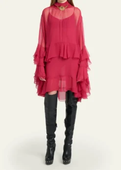 ChloeTiered Ruffle Silk Mousseline Long-Sleeve Mini Dress