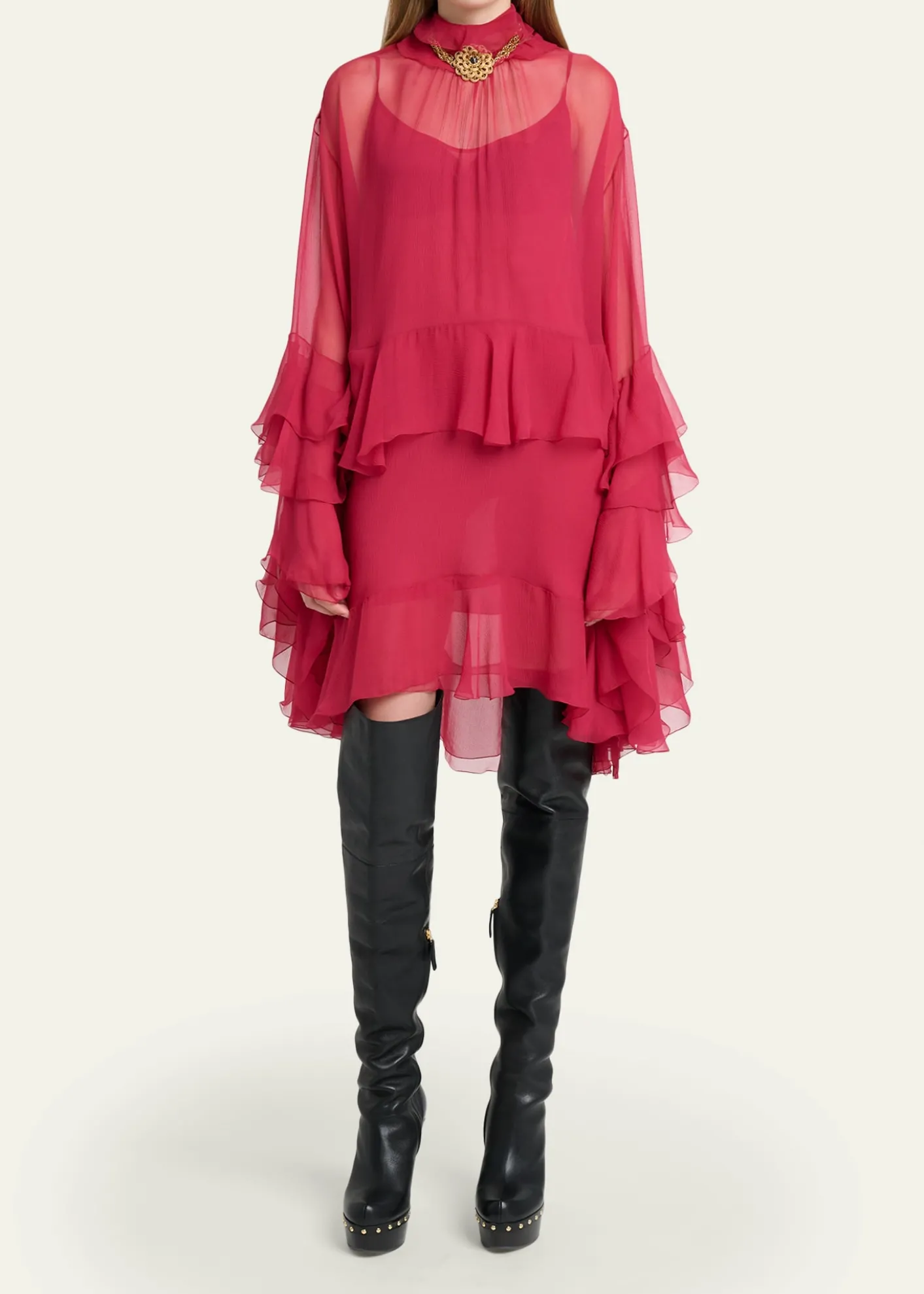 ChloeTiered Ruffle Silk Mousseline Long-Sleeve Mini Dress