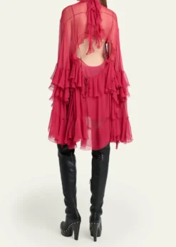 ChloeTiered Ruffle Silk Mousseline Long-Sleeve Mini Dress