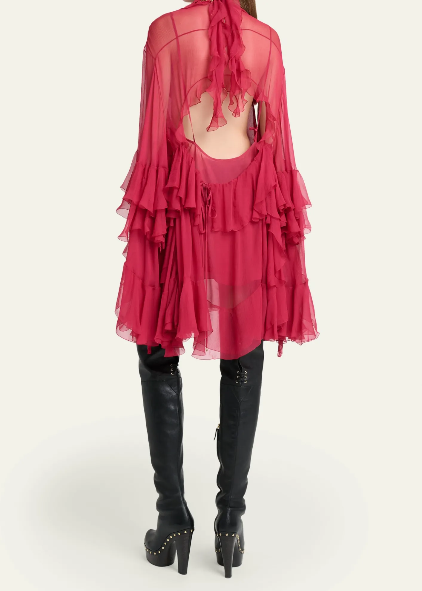 ChloeTiered Ruffle Silk Mousseline Long-Sleeve Mini Dress