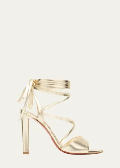 Christian Louboutin100mm Fanny Randa Metallic Leather Ankle-Tie Sandals