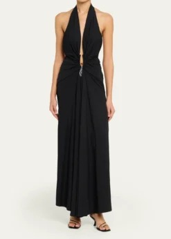 Christopher EsberCrystal Pendant Plunging Halter Maxi Dress