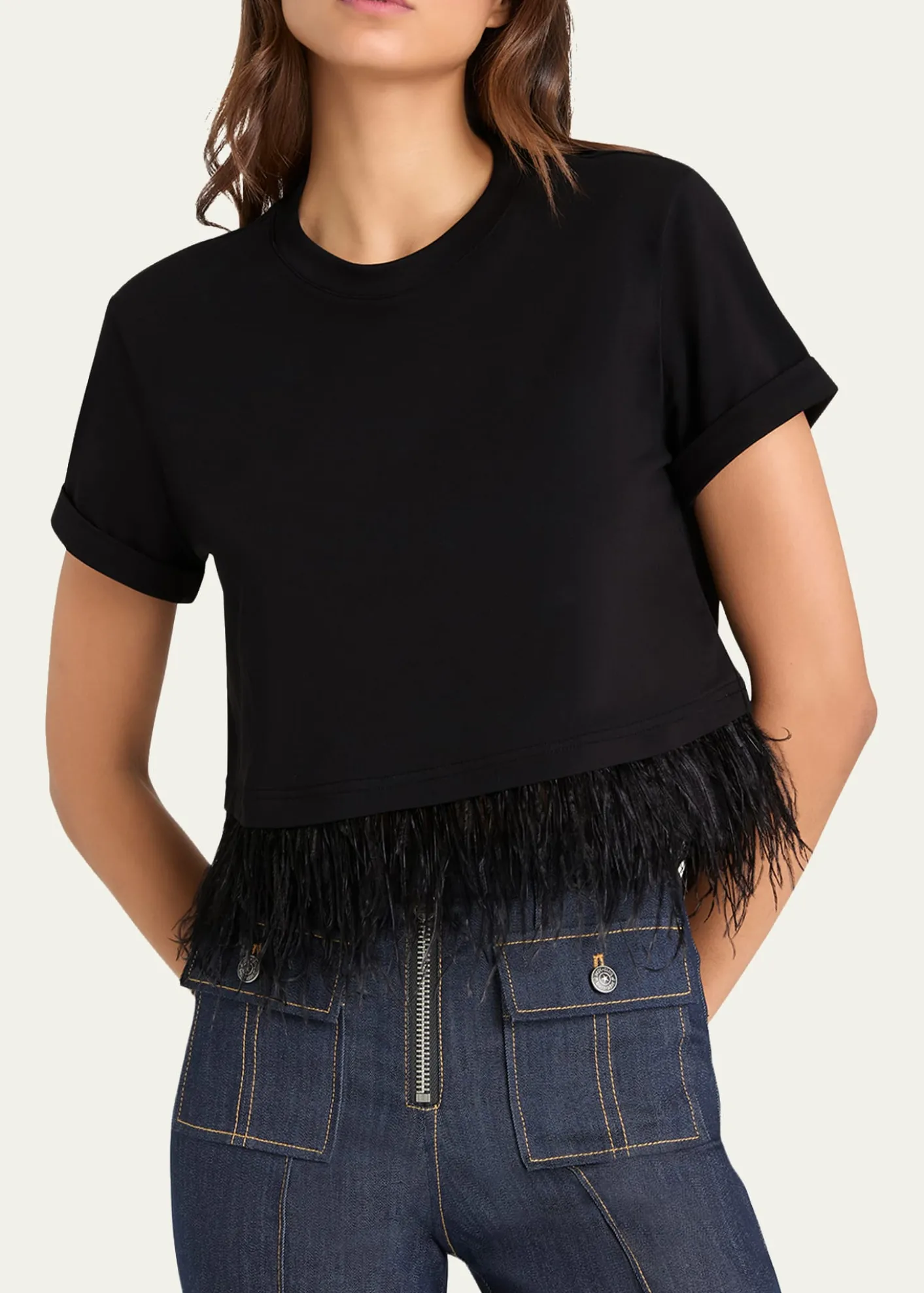 Cinq a SeptCropped Feather-Trim Tee