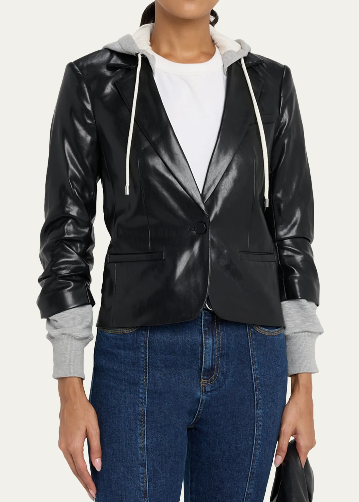 Cinq a SeptHooded Vegan Leather Combo Blazer
