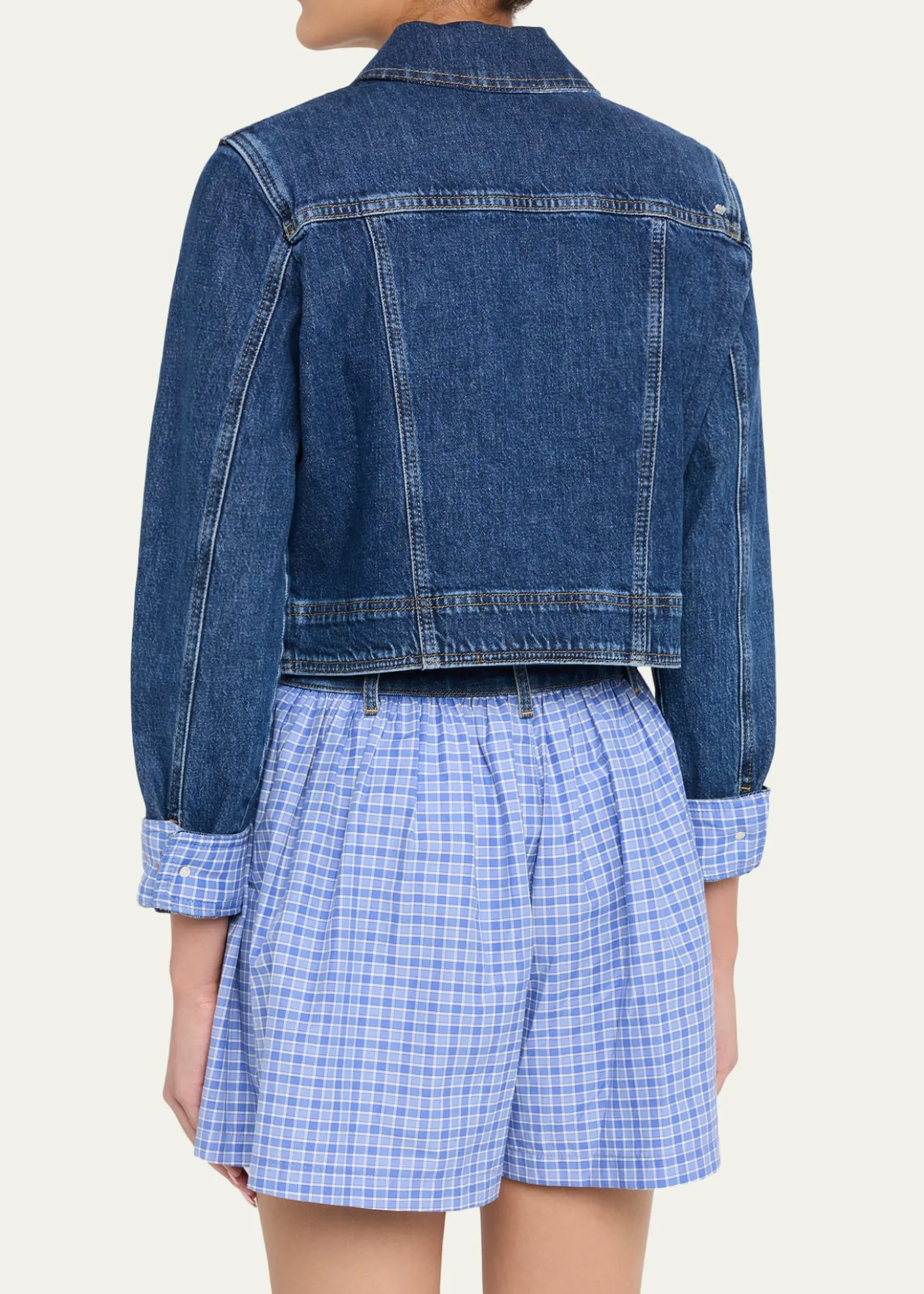 Cinq a SeptLexie Gingham-Cuff Cropped Denim Jacket