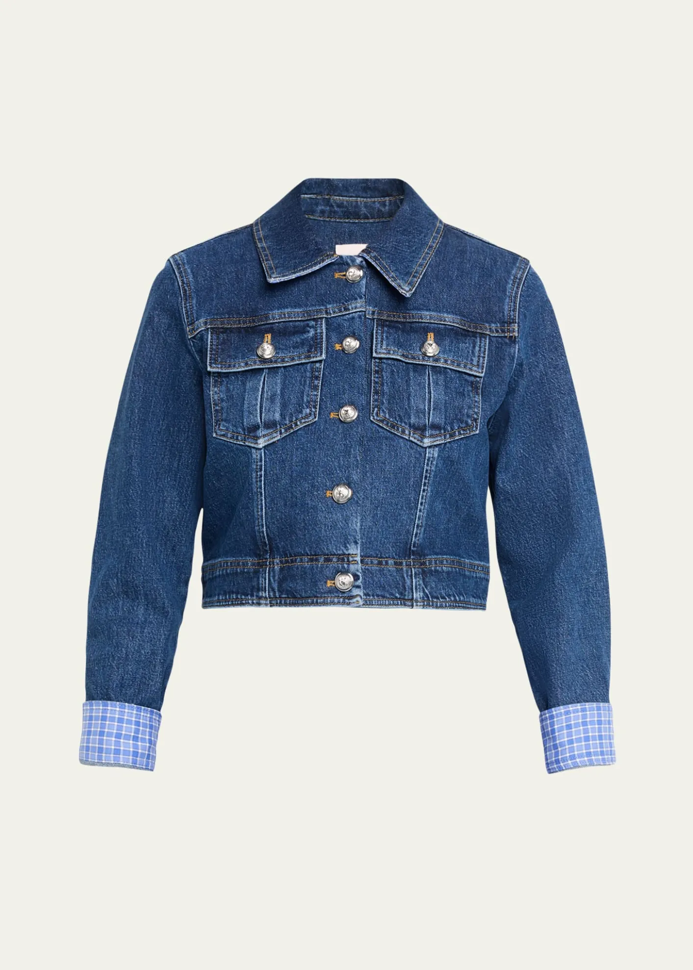 Cinq a SeptLexie Gingham-Cuff Cropped Denim Jacket