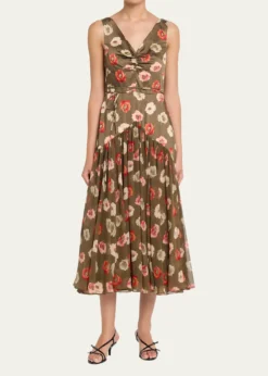 Cinq a SeptMakaila Floating Poppies Satin Midi Dress