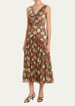 Cinq a SeptMakaila Floating Poppies Satin Midi Dress