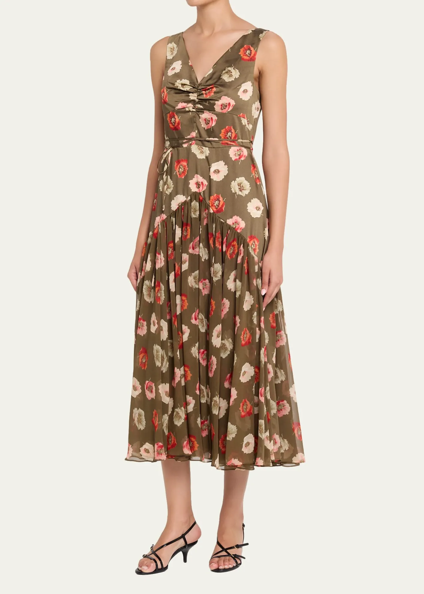 Cinq a SeptMakaila Floating Poppies Satin Midi Dress