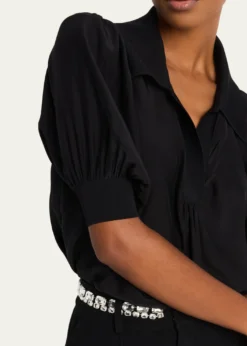 Cinq a SeptWeldon Collared V-Neck Short-Sleeve Silk Combo Top