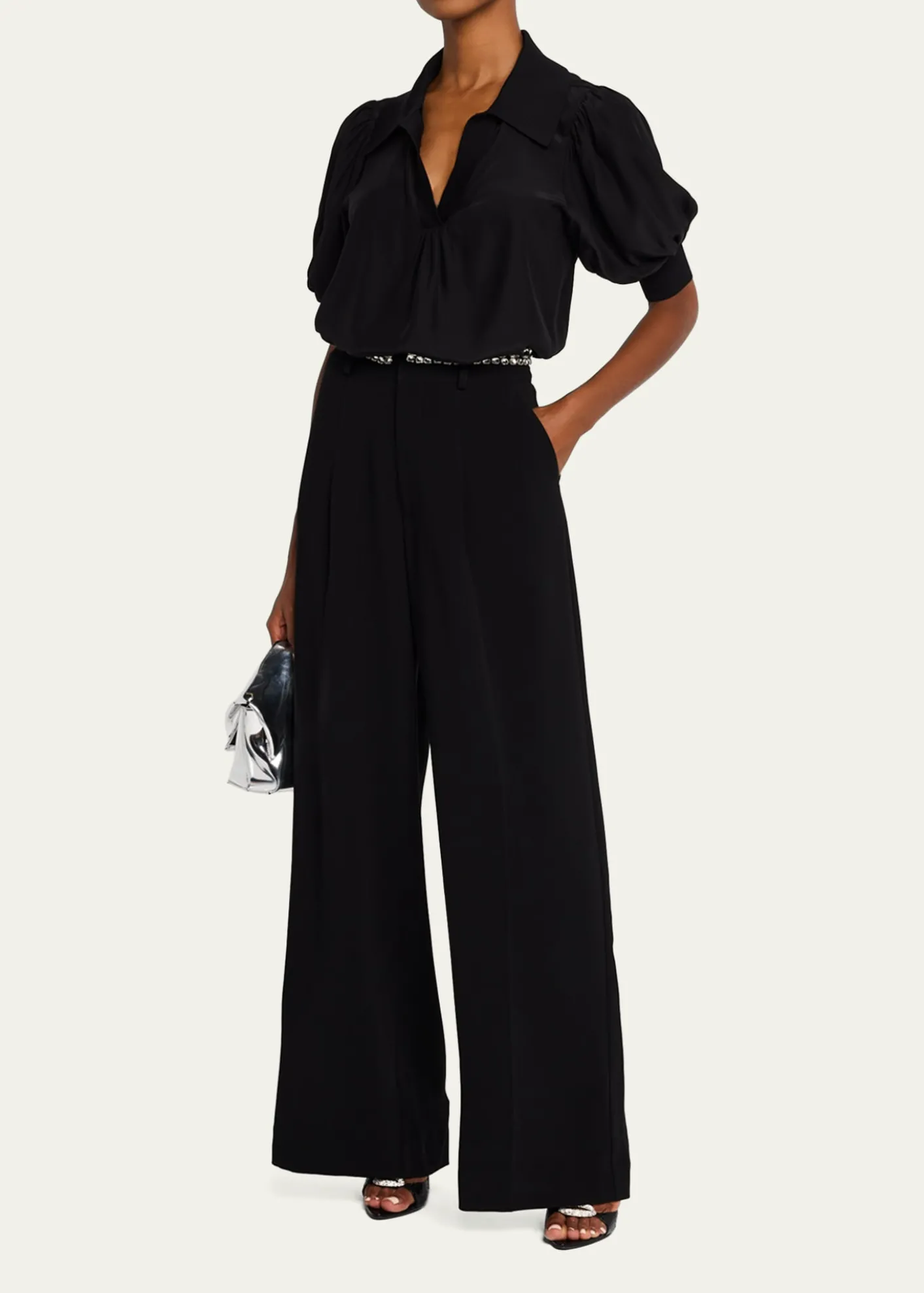 Cinq a SeptWeldon Collared V-Neck Short-Sleeve Silk Combo Top