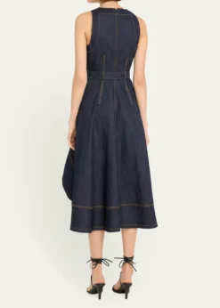 Cinq a SeptZelda Belted Asymmetric Sleeveless Denim Midi Dress