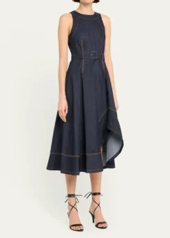 Cinq a SeptZelda Belted Asymmetric Sleeveless Denim Midi Dress