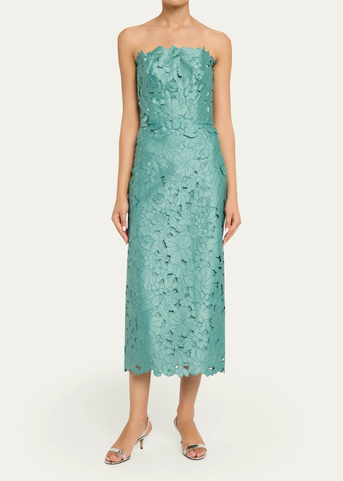 CostarellosAstelle Strapless Floral-Cut Lace Midi Pencil Dress