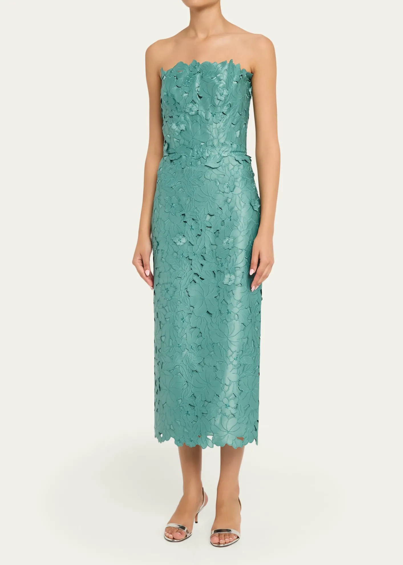 CostarellosAstelle Strapless Floral-Cut Lace Midi Pencil Dress
