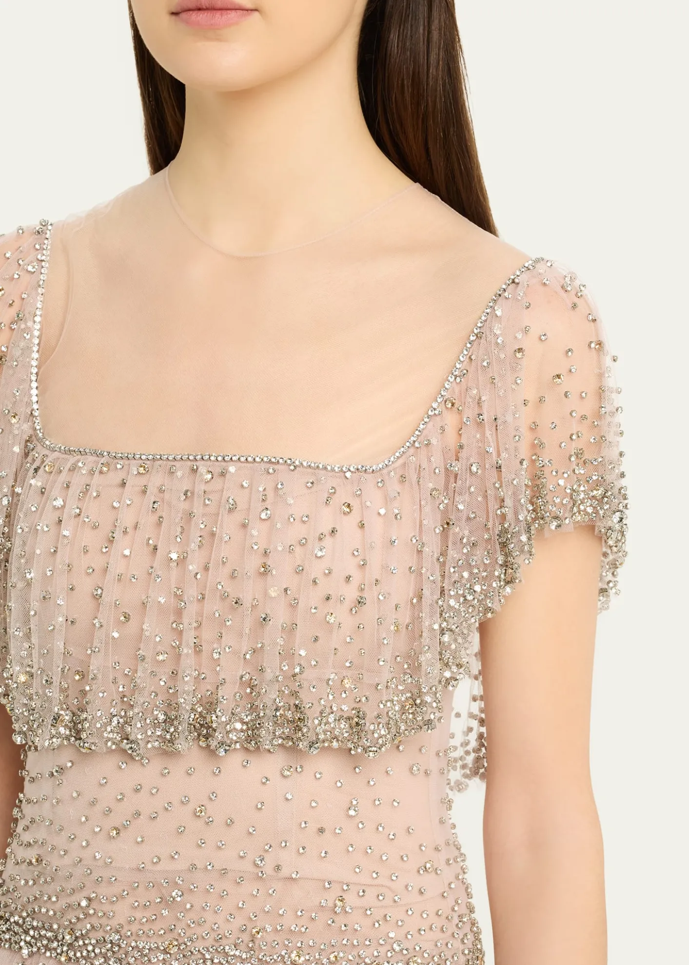 CostarellosJesenia Crystal Ruffle Square-Neck Illusion Gown