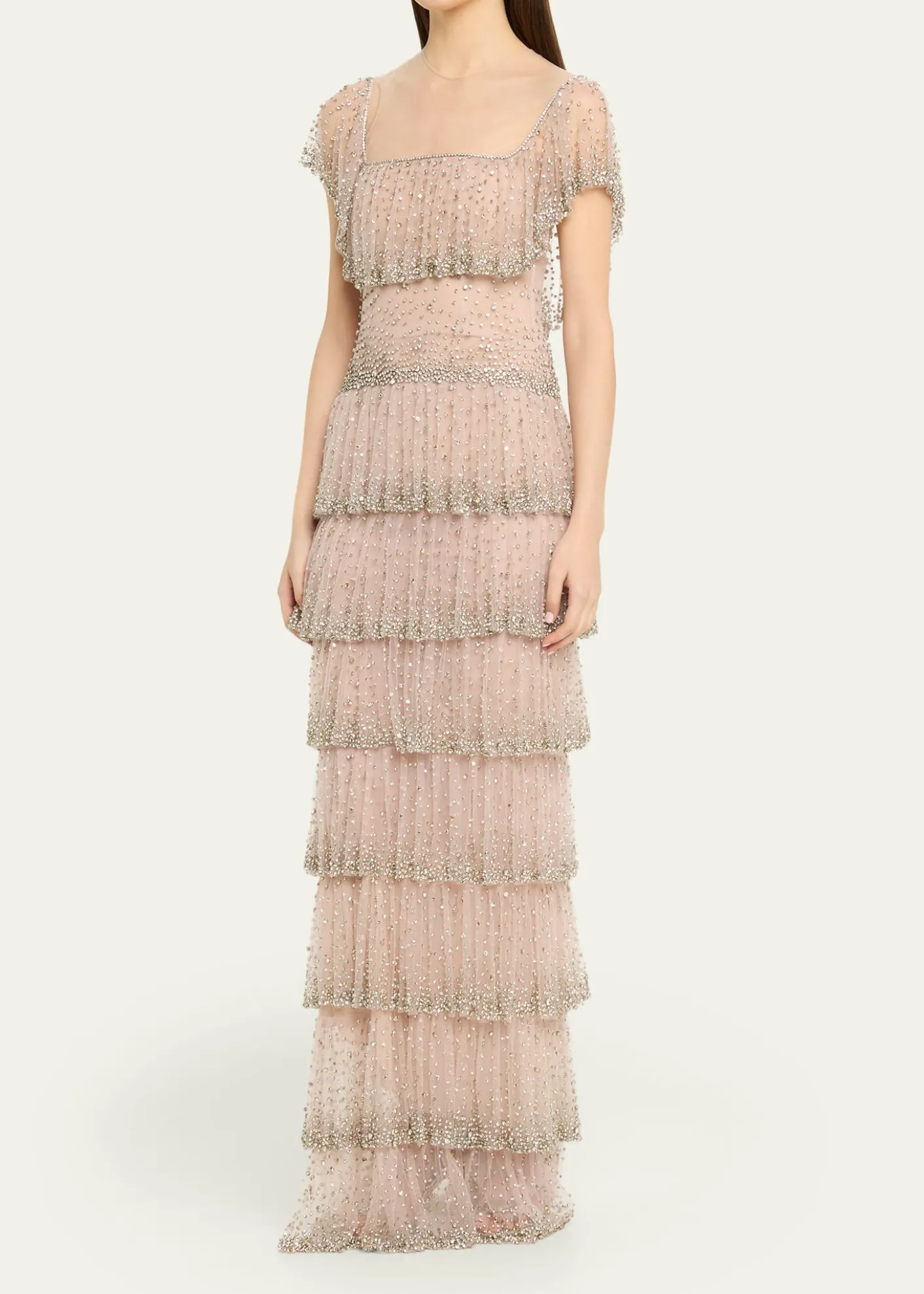 CostarellosJesenia Crystal Ruffle Square-Neck Illusion Gown