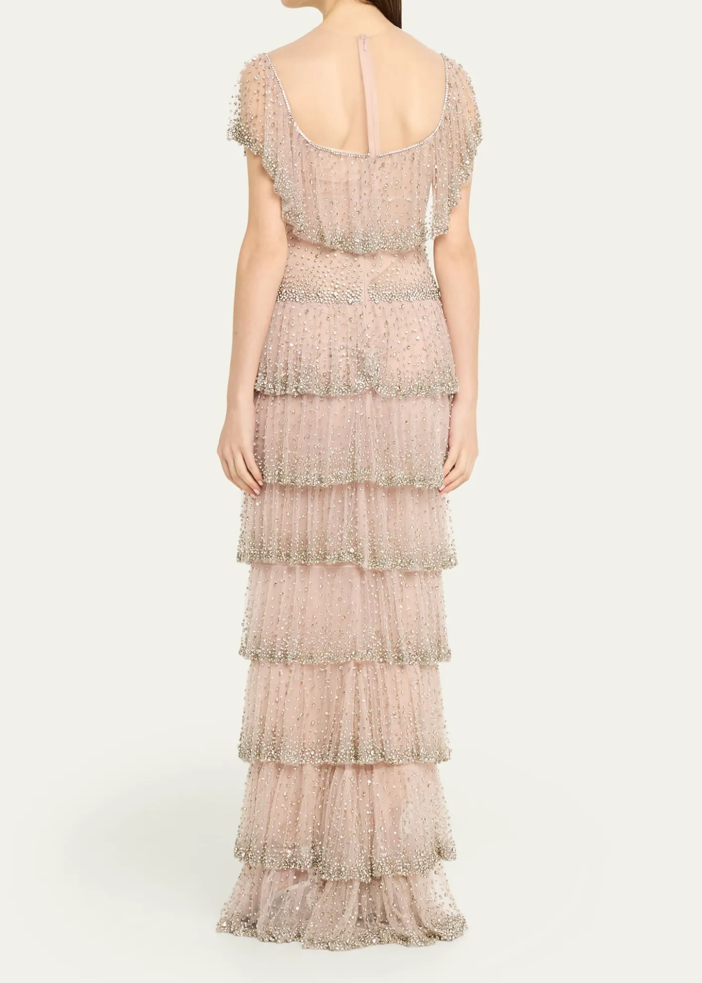 CostarellosJesenia Crystal Ruffle Square-Neck Illusion Gown