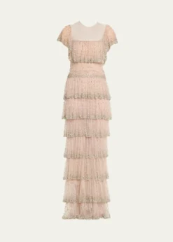 CostarellosJesenia Crystal Ruffle Square-Neck Illusion Gown