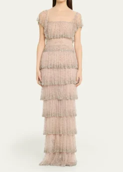 CostarellosJesenia Crystal Ruffle Square-Neck Illusion Gown