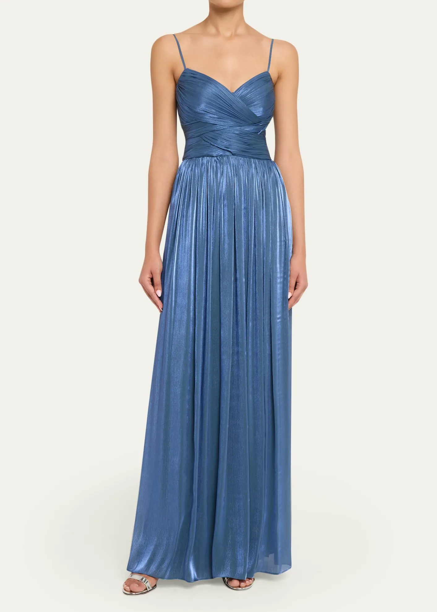 CostarellosSireen Metallic Georgette Sleeveless Crisscross Gown