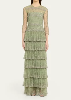 CostarellosSolene Crystal Tiered Ruffle Gown