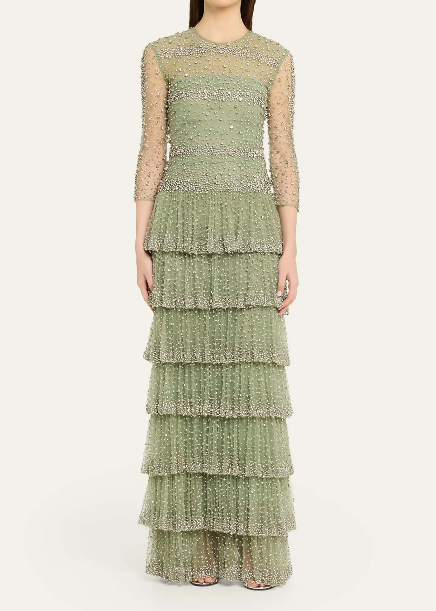 CostarellosSolene Crystal Tiered Ruffle Gown