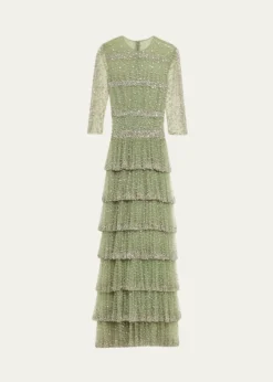 CostarellosSolene Crystal Tiered Ruffle Gown