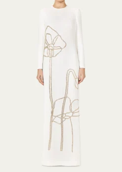 CostarellosZarie Crystal Flower Long-Sleeve Column Gown