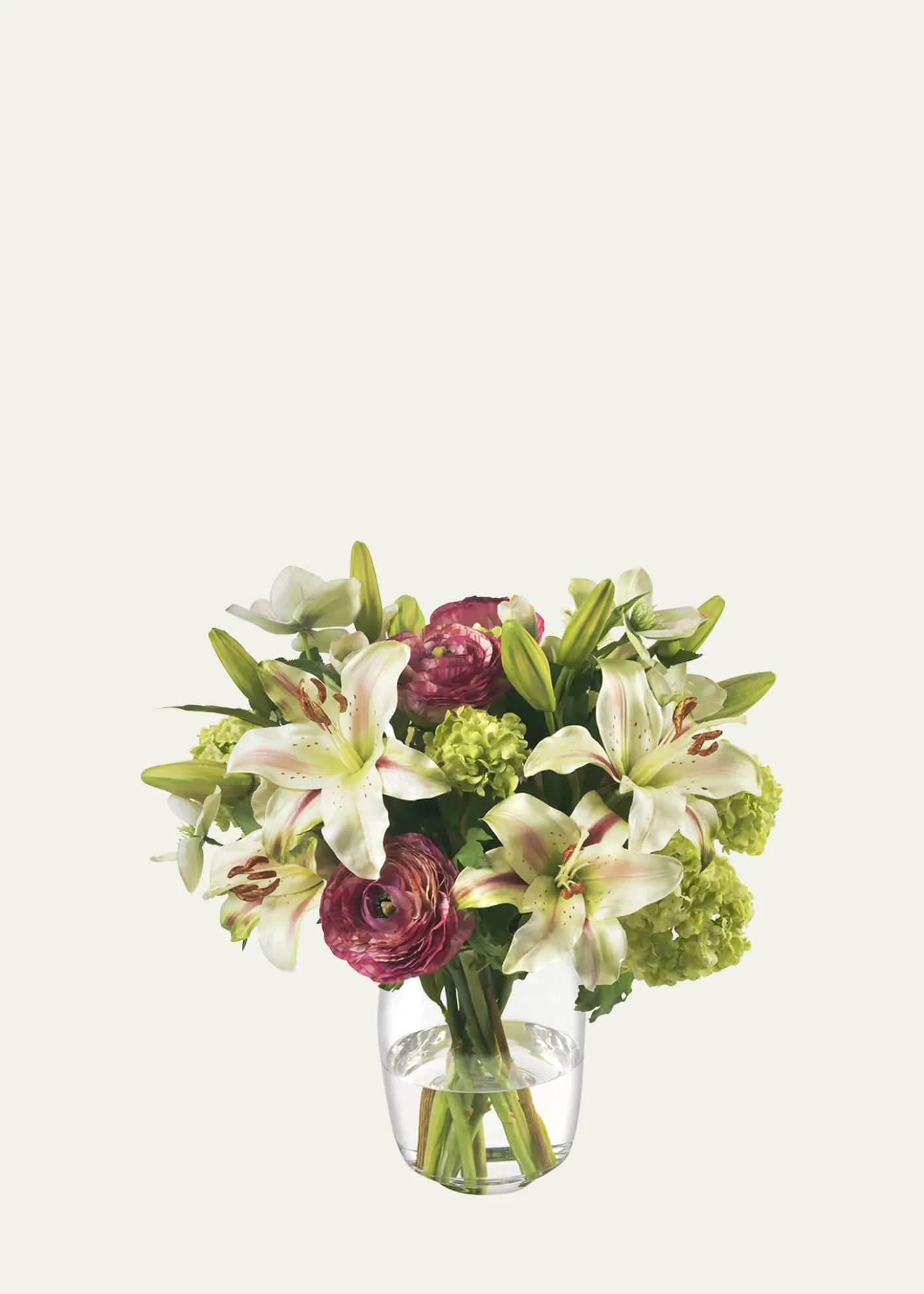Diane JamesLilies, Ranunculus, and Snowballs 16" Faux Floral Arrangement in Glass Vase