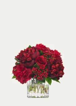 Diane JamesRed Peonies, Roses, and Berries 12" Faux Floral Arrangement in Glass Cube
