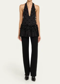 DiotimaEmbellished Plunging Ruffle Halter Top
