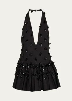 DiotimaEmbellished Plunging Ruffle Halter Top
