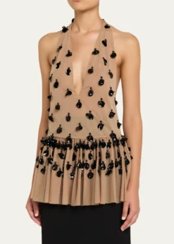 DiotimaEmbellished Plunging Halter Peplum Top