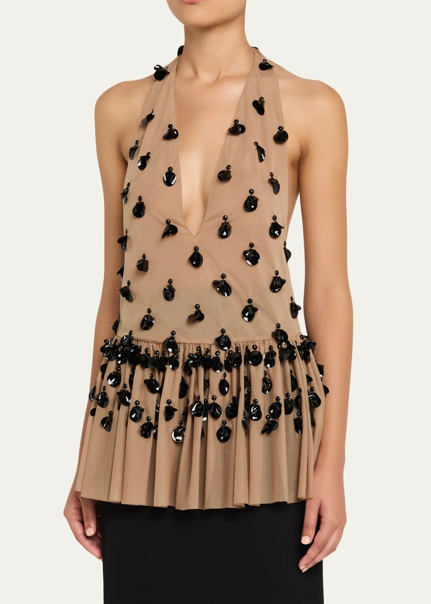 DiotimaEmbellished Plunging Halter Peplum Top