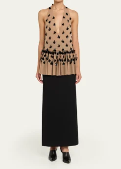 DiotimaEmbellished Plunging Halter Peplum Top
