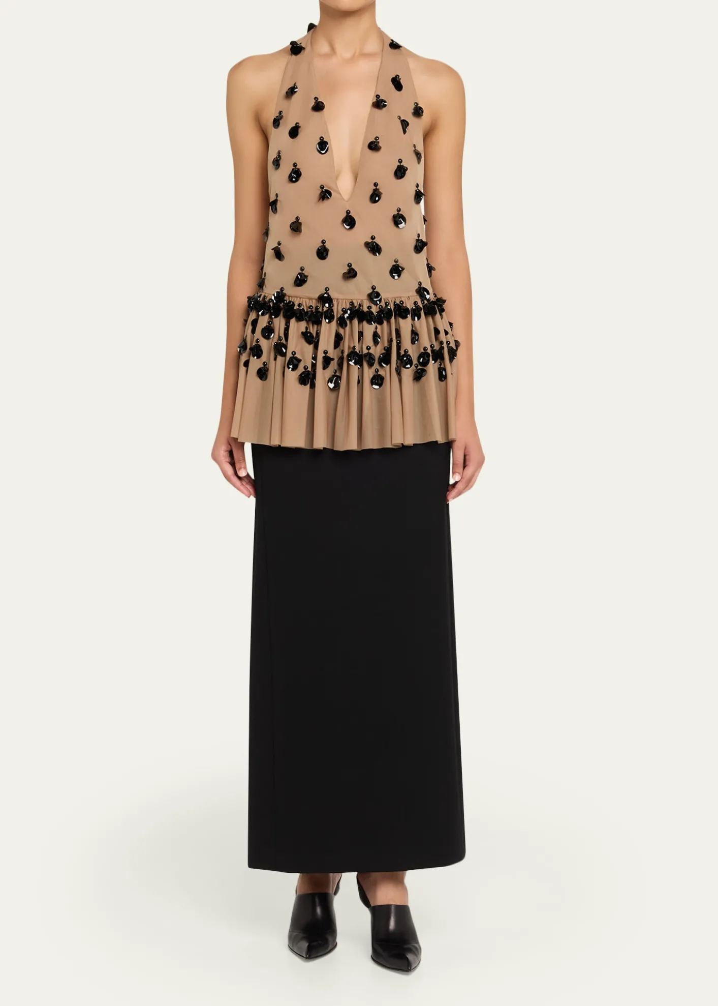 DiotimaEmbellished Plunging Halter Peplum Top