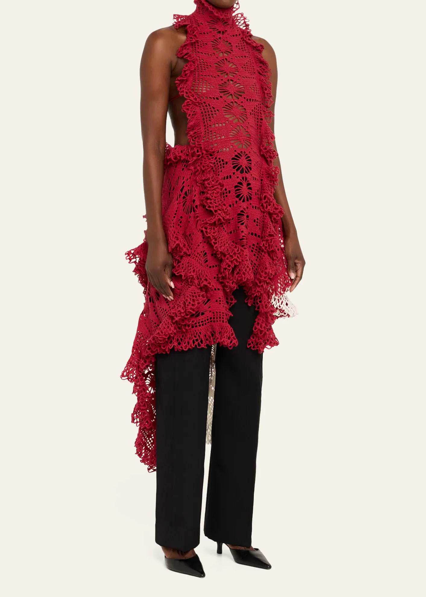 DiotimaSpade Crochet Knit Ruffle Halter Backless Mini Dress