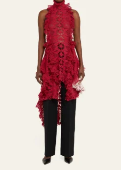 DiotimaSpade Crochet Knit Ruffle Halter Backless Mini Dress