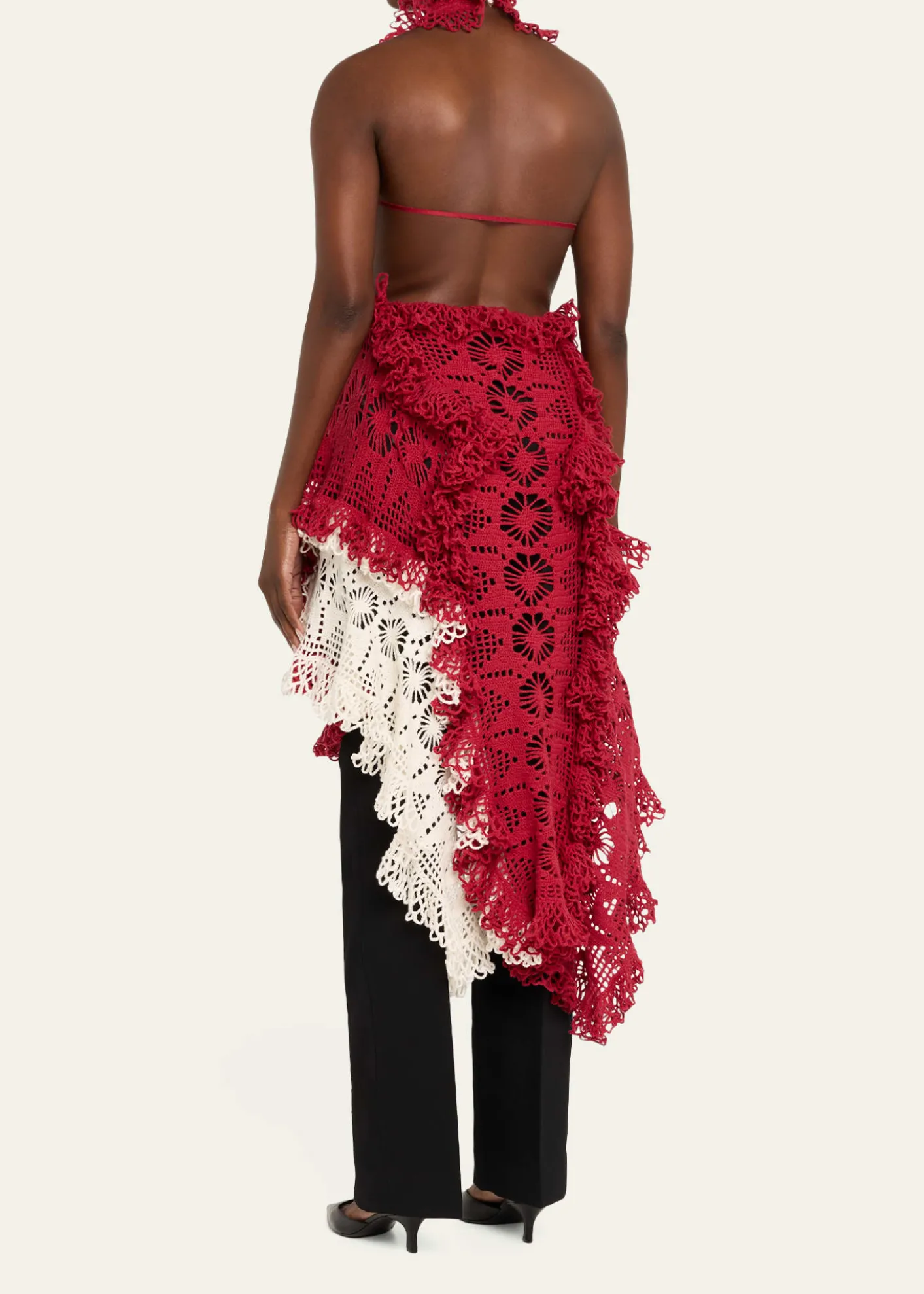 DiotimaSpade Crochet Knit Ruffle Halter Backless Mini Dress