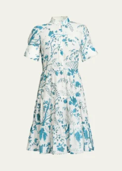 ErdemFloral Cotton-Linen Tiered Mini Shirtdress