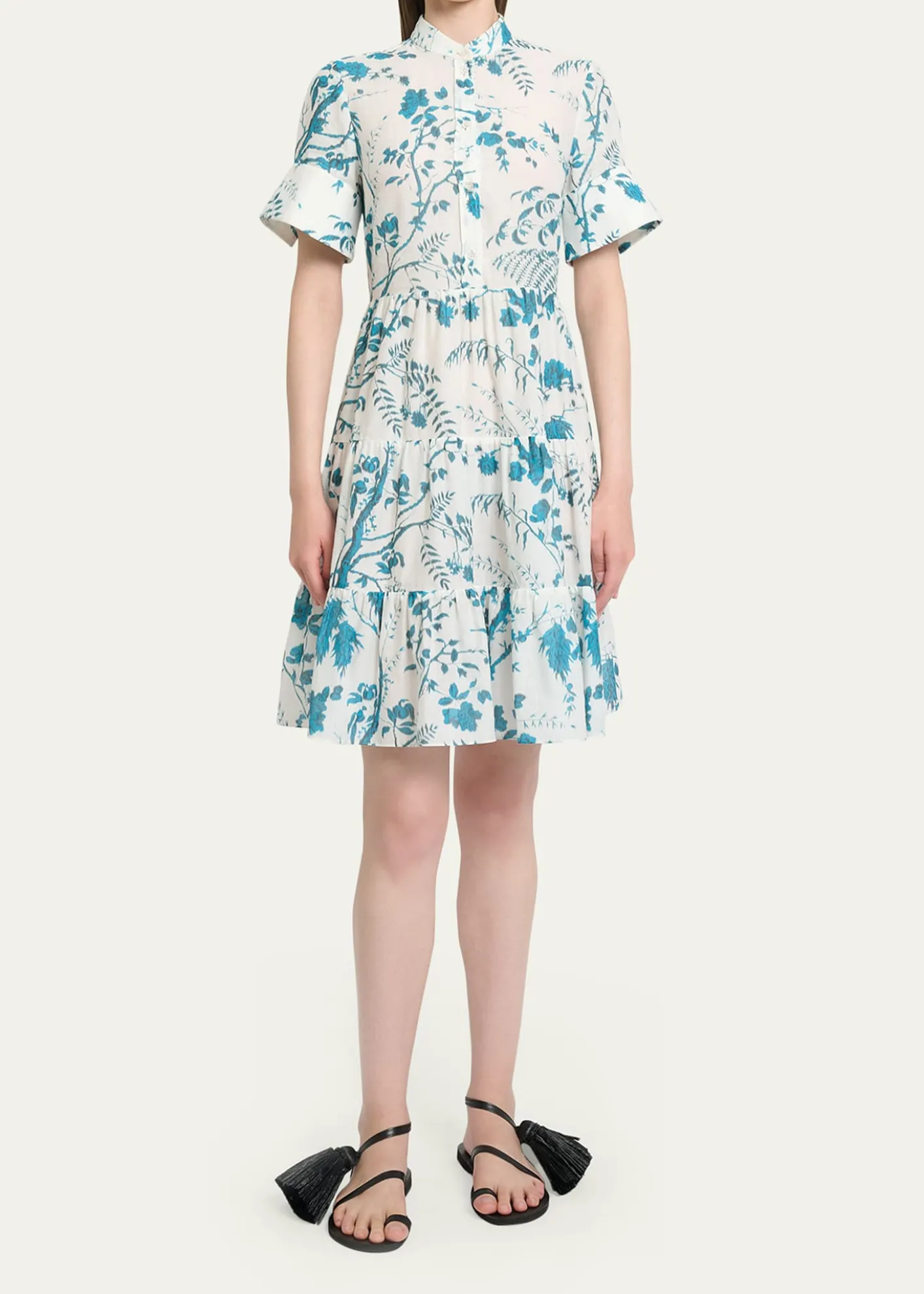 ErdemFloral Cotton-Linen Tiered Mini Shirtdress