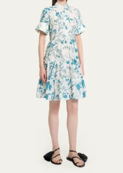 ErdemFloral Cotton-Linen Tiered Mini Shirtdress