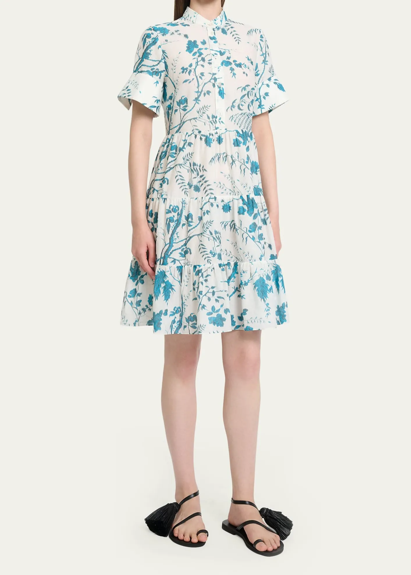 ErdemFloral Cotton-Linen Tiered Mini Shirtdress